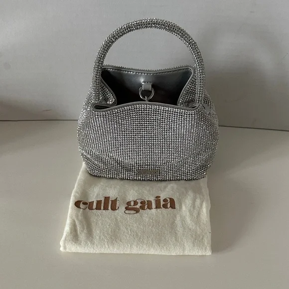 NWT Cult Gaia Solene Mini Top Round Handle Clear Rhinestone Silver Bag - Picture 2 of 10